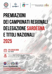 Premiazioni Campionati Regionali ACI Sport Sardegna e Titoli Nazionali: il 25 luglio, a Cagliari, nella sala conferenze del T-Hotel Locandina Premiazioni Campionati Regionali Delegazione Sardegna e Titoli nazionali 2025_Cagliari 25 luglio 2026